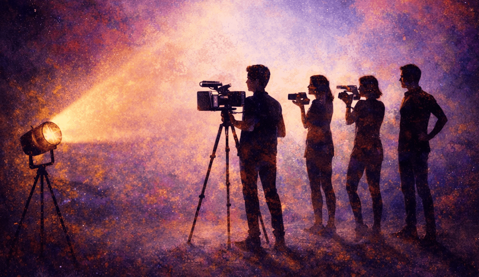 Production cinématographique de nuit sous les projecteurs. Projection Eucor