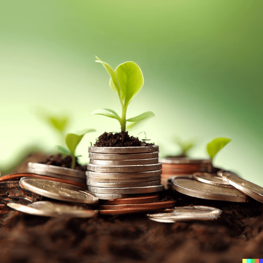 Seed Money von Eucor – The European Campus Ein junger Keimling wächst aus einem Stapel Münzen heraus.