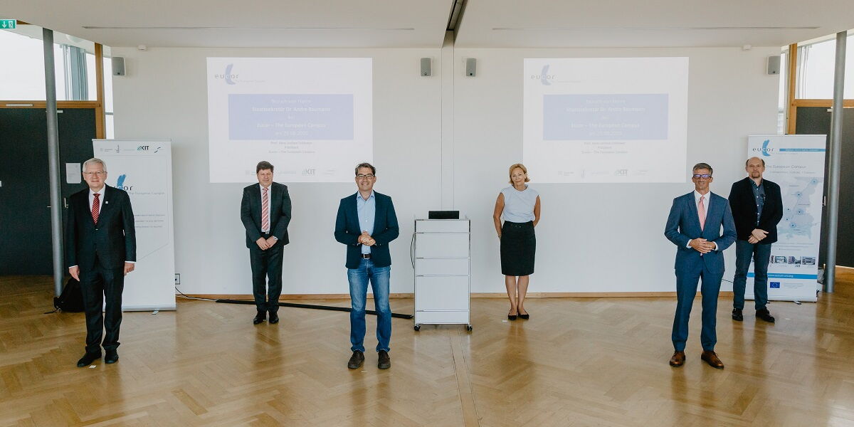 Andre Baumann visits Eucor – The European Campus (Foto Sandra Meyndt) Prof. Dr. Hans-Jochen Schiewer, Prof. Dr. Thomas Hirth, Dr. Andre Baumann, Prof. Dr. Barbara Koch, Prof. Dr. Frederik Wenz, Prof. Dr. Alain Dieterlen.